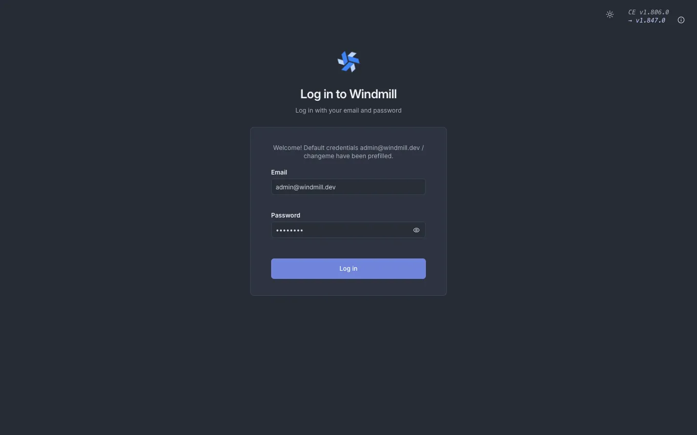 Windmill login screen with the default credentials prefilled