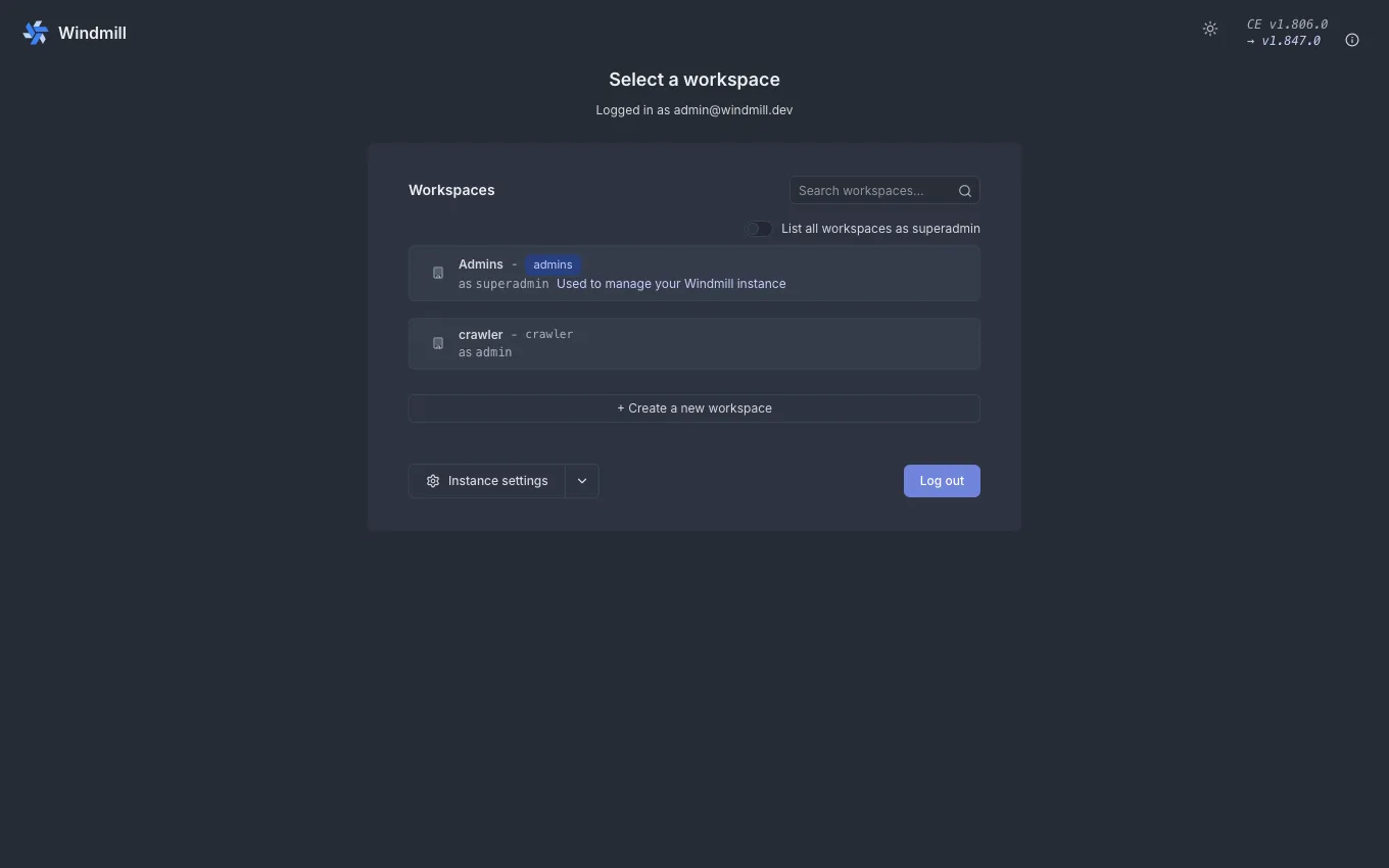 Workspace picker showing crawler and admins