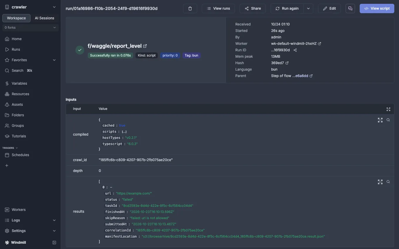 The report_level step run detail, with crawl_id and the results input