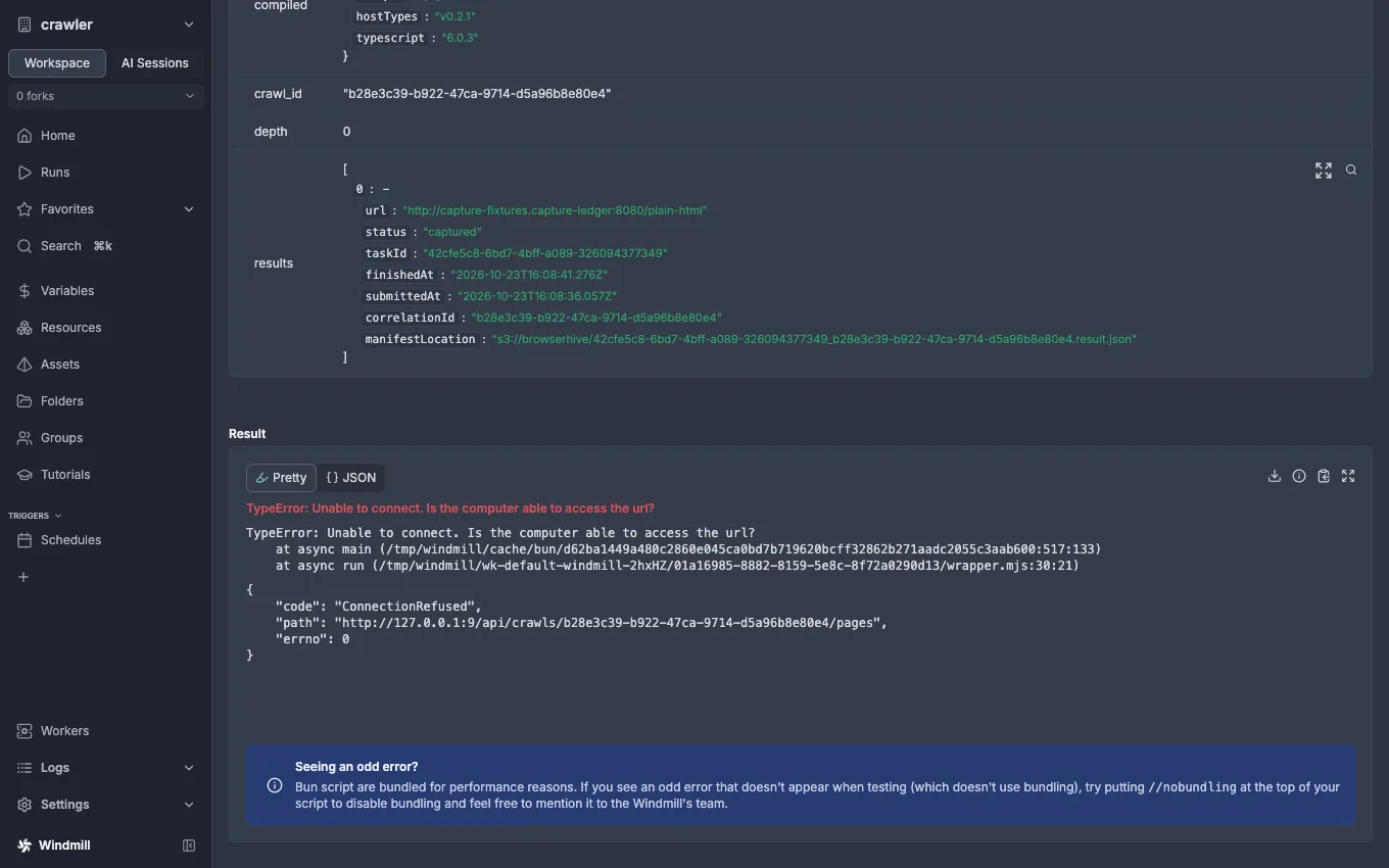report_level failure run: Result shows Unable to connect (ConnectionRefused, path http://127.0.0.1:9/api/crawls/…/pages)