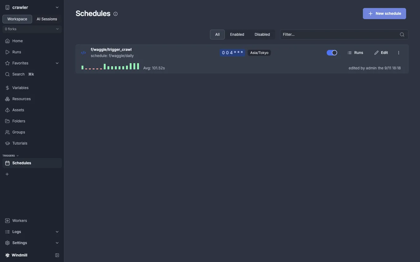 Schedules: f/waggle/daily with its cron, timezone and enabled toggle